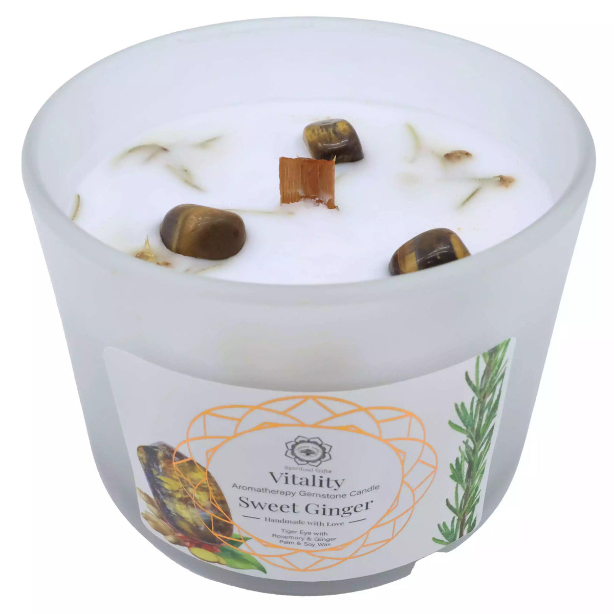 Bougie de Lithothérapie "Vitalité" - Œil de Tigre + Gingembre Doux 256g