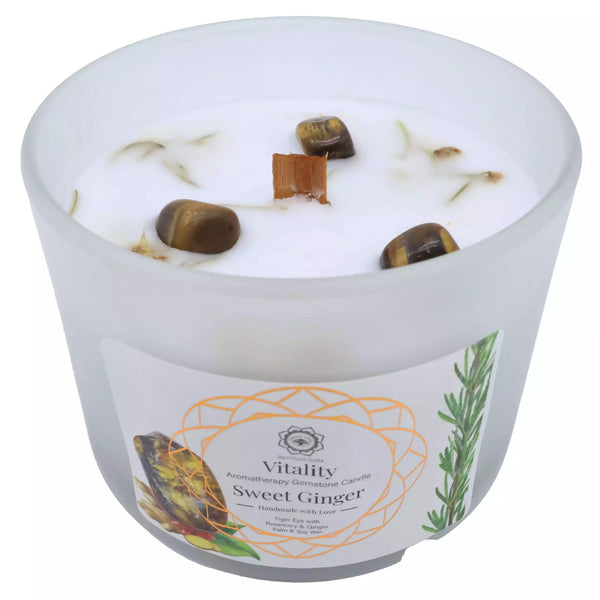 Bougie de Lithothérapie "Vitalité" - Œil de Tigre + Gingembre Doux 256g